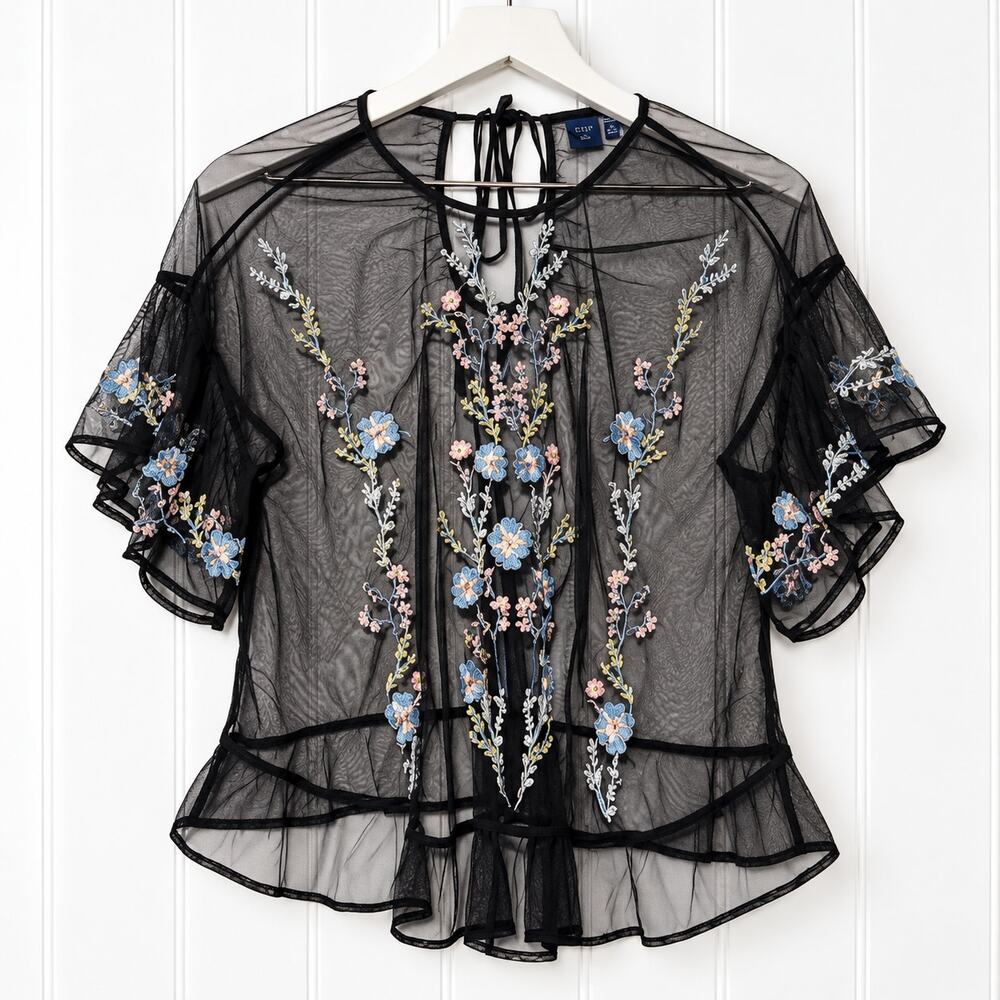 Kaari Blue Petite Embroidered Mesh Blouse Womens PM Black Sheer Floral Boho